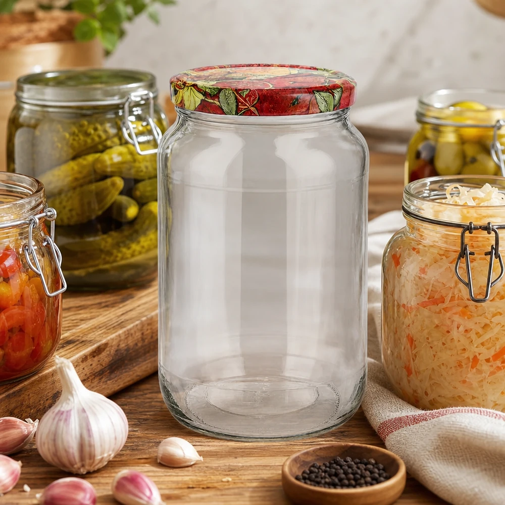 1062ml Rundglas leer Küchenszenario BasicSeal Deckel Obst-Dekor umgeben von Einmachgläsern Knoblauch Pfeffer Holzbrett