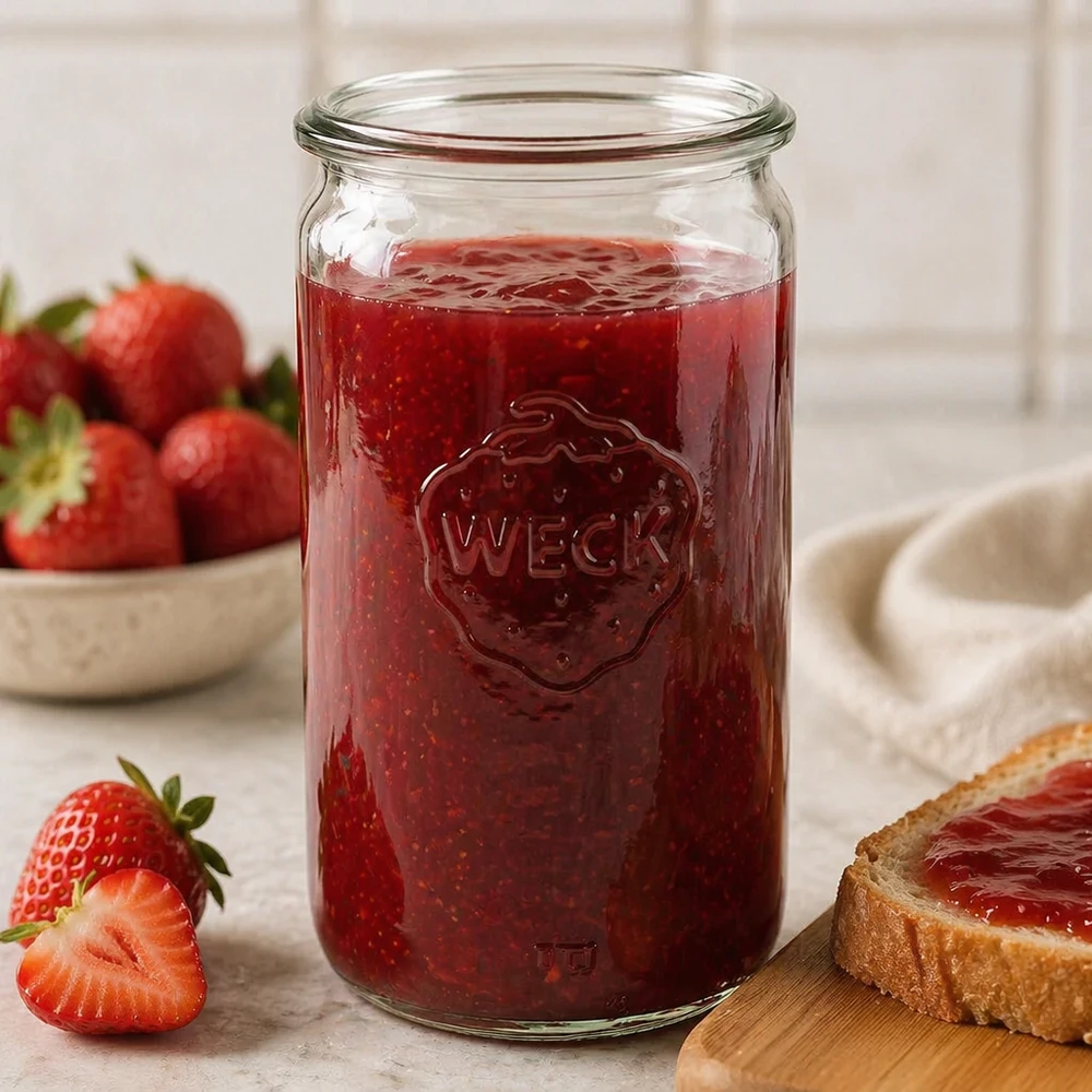340ml válcová sklenice WECK RR60 s dřevěným dřevem - 340ml válcová sklenice s dřevěným dřevem WECK 340ml Zylinderglas RR60 mit Erdbeermarmelade befüllt zeigt praktische Verwendung als Einmachglas in der Küche