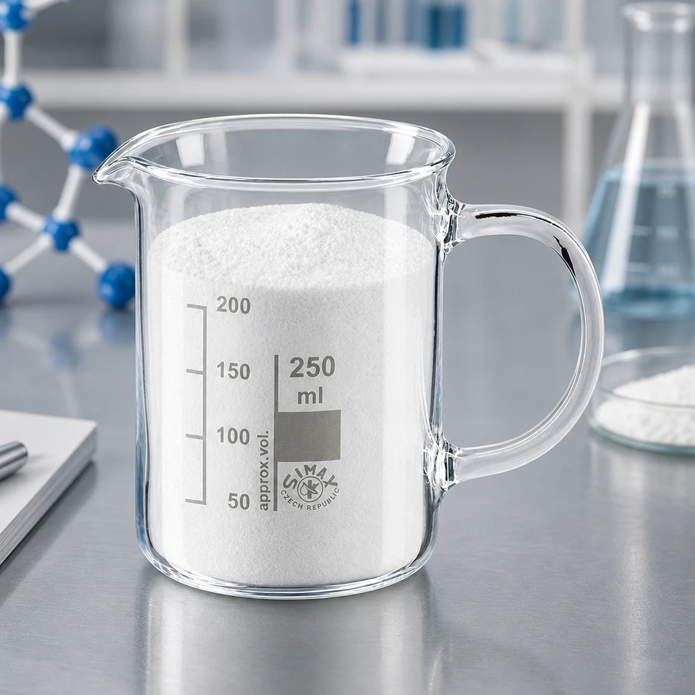 Kádinka z borosilikátového skla 250ml, s rukojetí Klarglas Laborbecher 250ml mit Henkel gefüllt mit weißem Pulver neben Erlenmeyerkolben