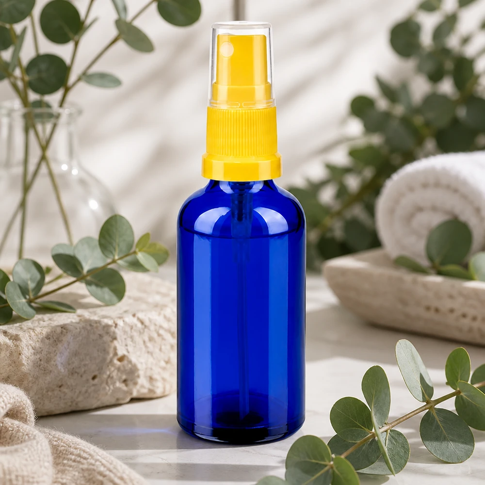 50ml lahvička s rozprašovačem žlutá/transparentní standardní uzávěr BlueLine UT18/50 Umweltfreundliche 50ml Glassprayflasche - wiederverwendbar für natürliche Hautpflege und Aromamischungen