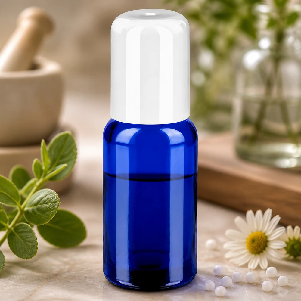 20ml roll-on lahvička bílá standardní uzávěr BlueLine UT18/20 20ml Roll-On Flasche aus blauem Glas mit weissem Verschluss für portionierte Anwendung