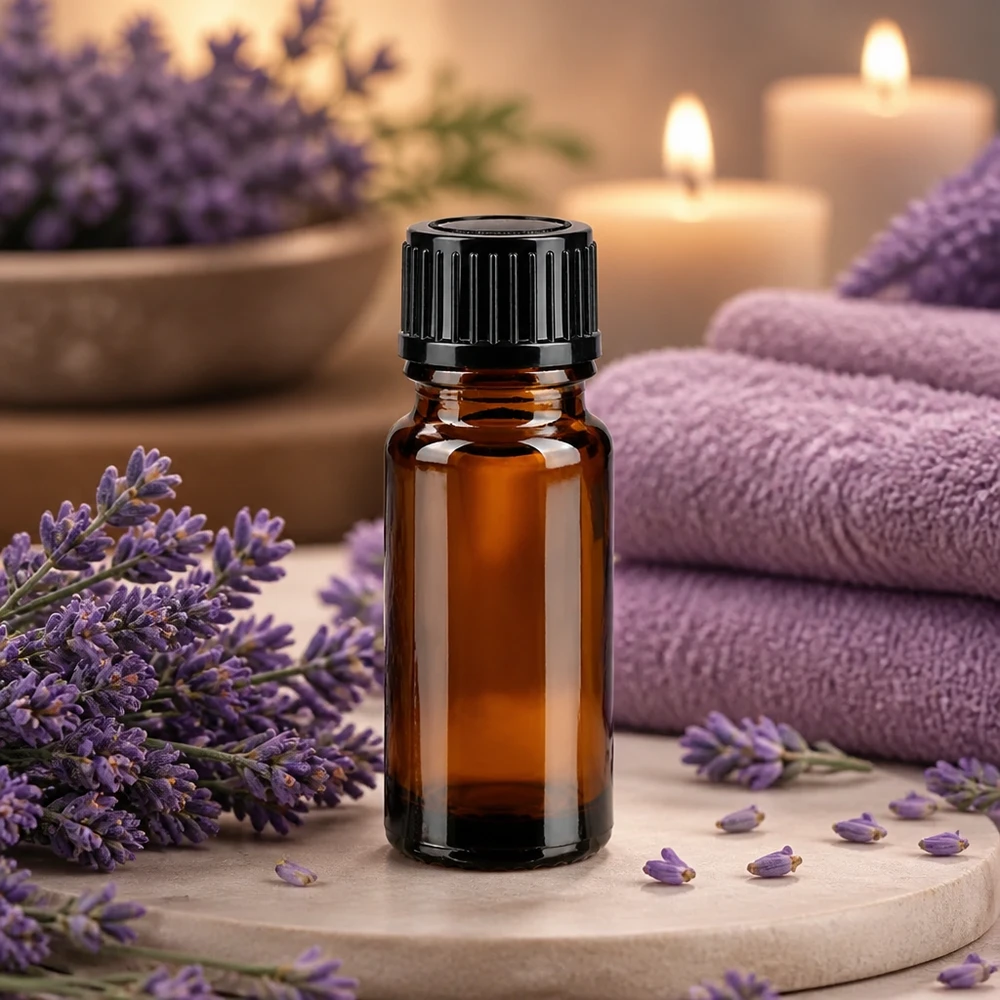 Lichtgeschützte Braunglasflasche 10ml für Aromatherapie mit Lavendeldekoration und Kerzenlicht