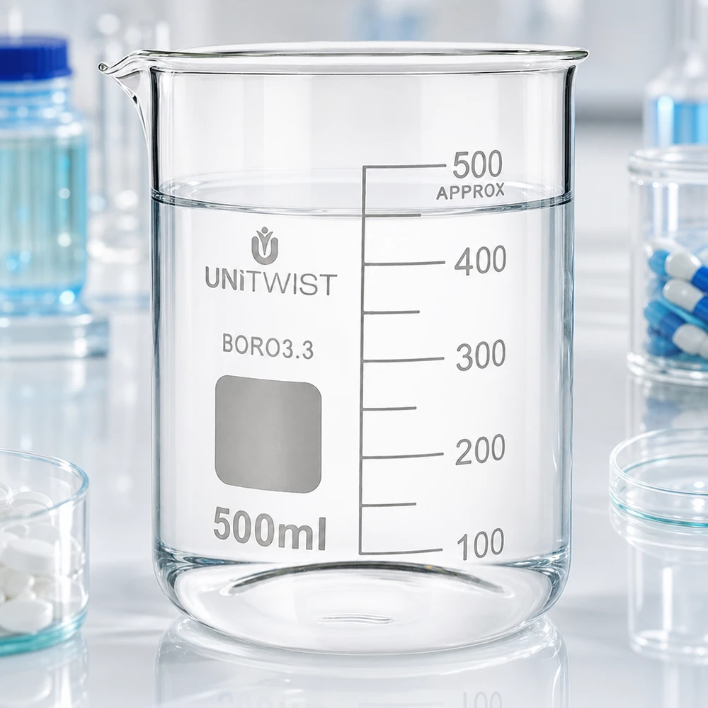 UNiTWIST Labor-Becherglas 500ml niedriger Form mit Wasserinhalt und pharmazeutischem Umfeld