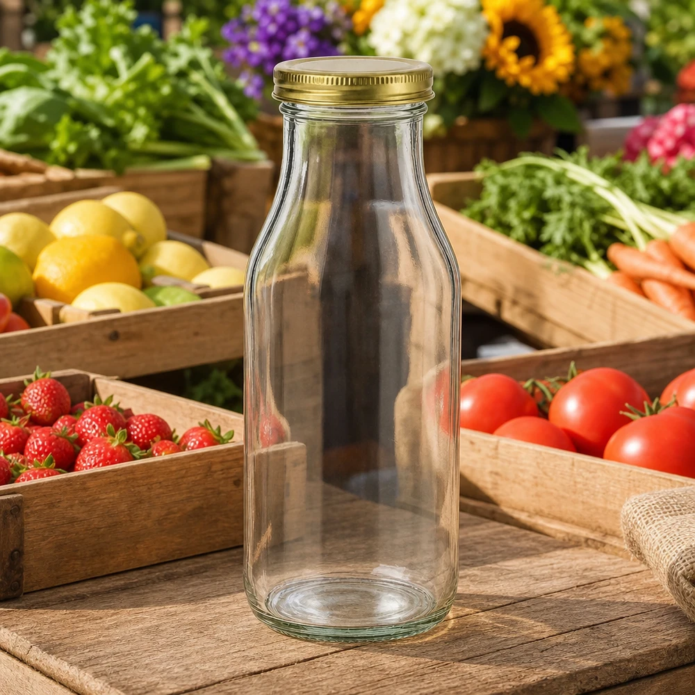 Láhev o objemu 263 ml se zlatým víčkem UNiTWIST BioSeal. UNiTWIST Bottle263 Glasflasche leer mit goldenem TO43 BioSeal Deckel auf Holztisch zwischen frischem Obst und Gemüse