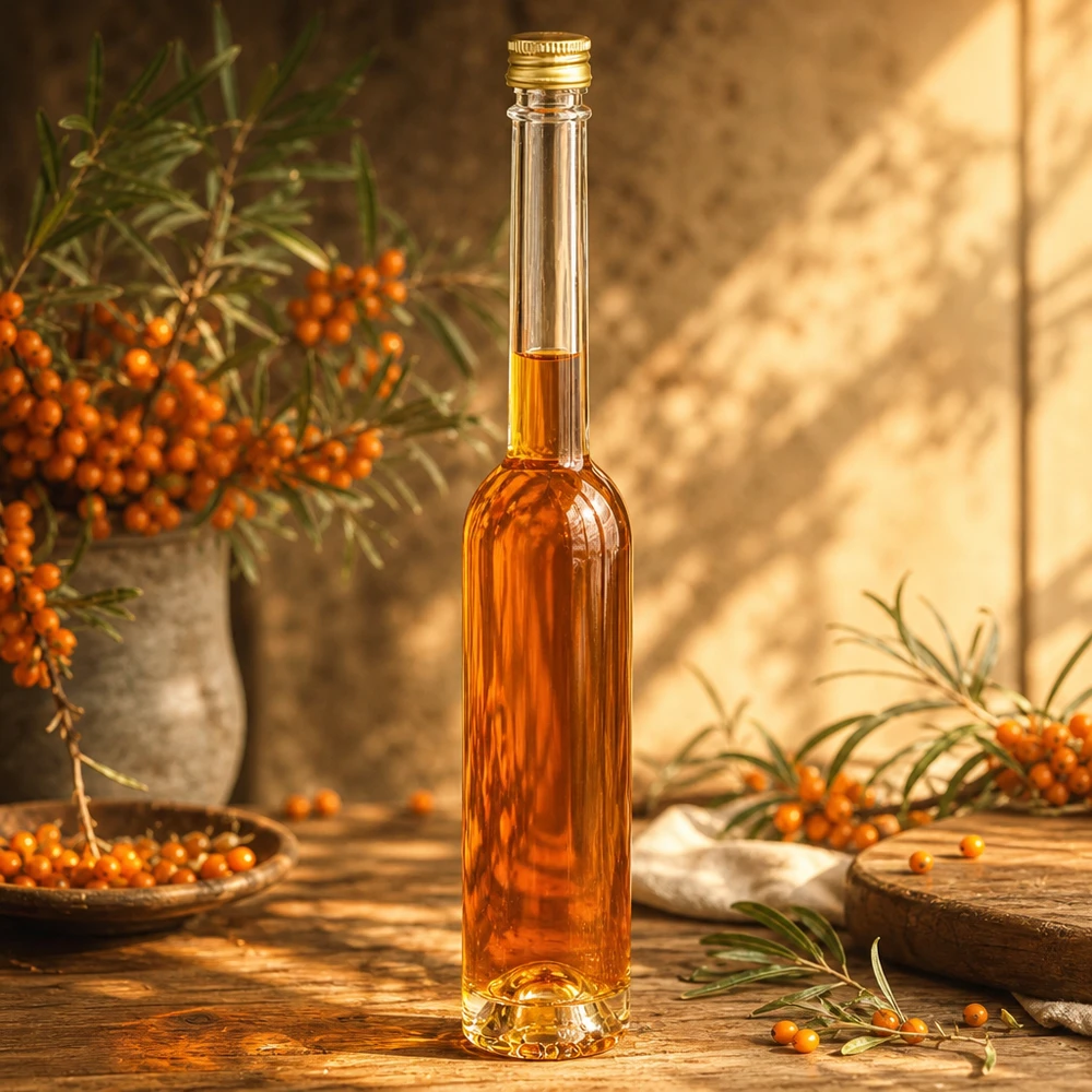 100ml Glasflasche "Toni" mit Schraubverschluss gold UNiTWIST Elegante 100ml Glasflasche Toni mit Sanddornöl befüllt - goldener Verschluss, edle Optik für Küche und Geschenke