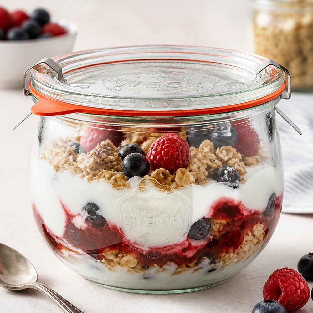 580ml tulipánová sklenice kompletní WECK RR100 WECK Tulpenglas 580ml RR100 als Parfait-Glas mit Joghurt, Beeren und Granola, perfekt für Desserts und Frühstück