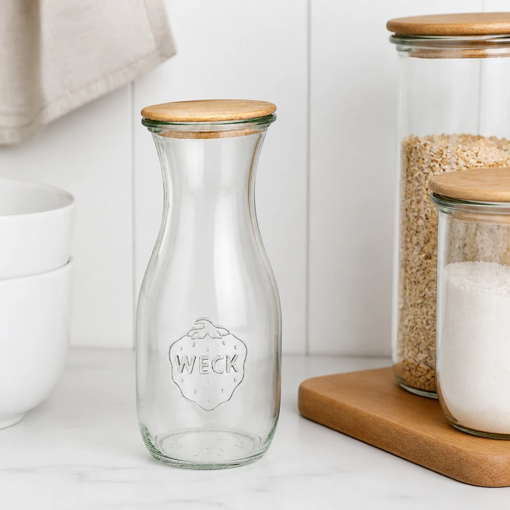 WECK Glasflasche 530ml RR60 leer mit Holzdeckel auf weißer Arbeitsplatte neben gestapelten Vorratsgläsern skandinavisch