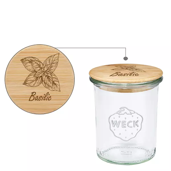 Couvercle en bois "Basilic" avec verre WECK 160ml Couvercle en bois "Basilic" avec verre WECK 160ml
