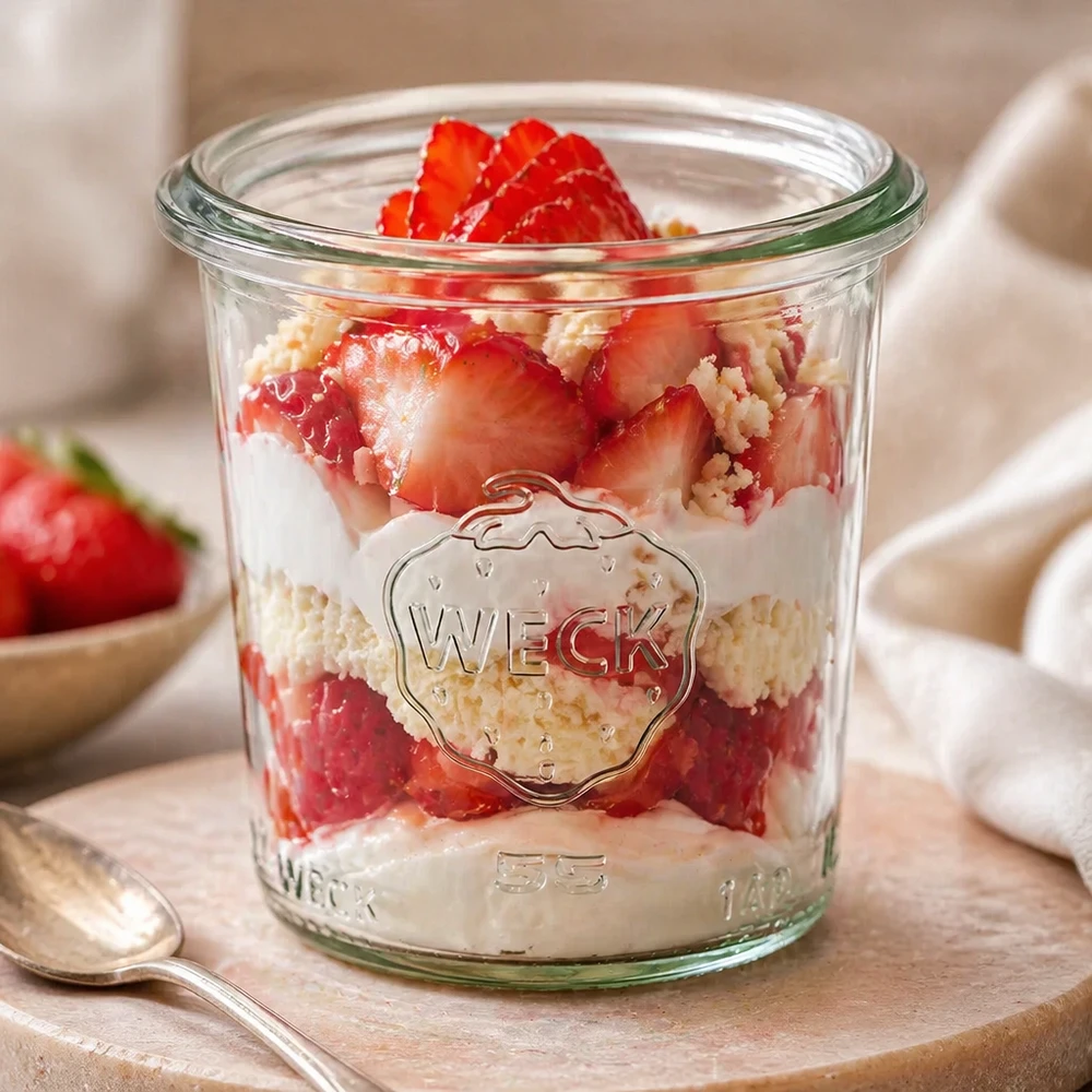140ml tumbler WECK RR60 s dřevěným dřevem - 140ml tumbler WECK RR60 s dřevěným dřevem. WECK RR60 Sturzglas 140ml mit Erdbeerdessert gefüllt auf Holzbrett mit Löffel