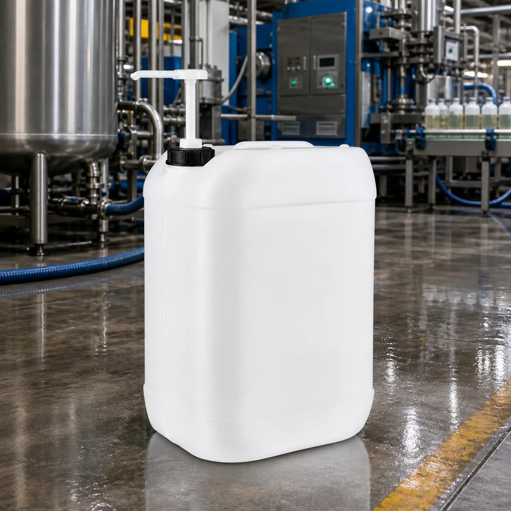 Kanystr 25 litrů s dávkovacím čerpadlem Transluzenter Flachkanister 25 Liter mit T-förmiger Dosierpumpe in chemischer Produktionsanlage