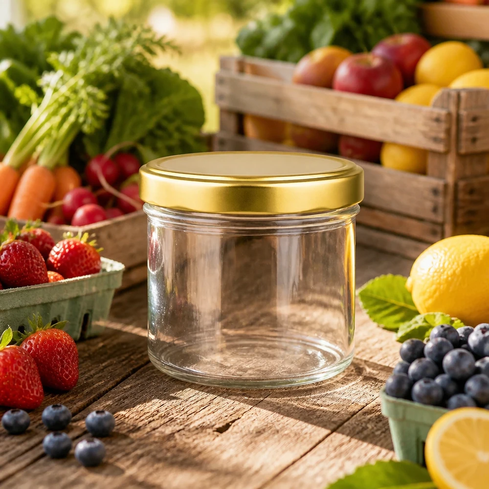 230ml válcová sklenice + víčko BasicSeal zlaté UT. 230ml Zylinderglas leer mit goldenem Deckel zwischen frischem Obst und Gemüse auf Holztisch Marmeladenglas