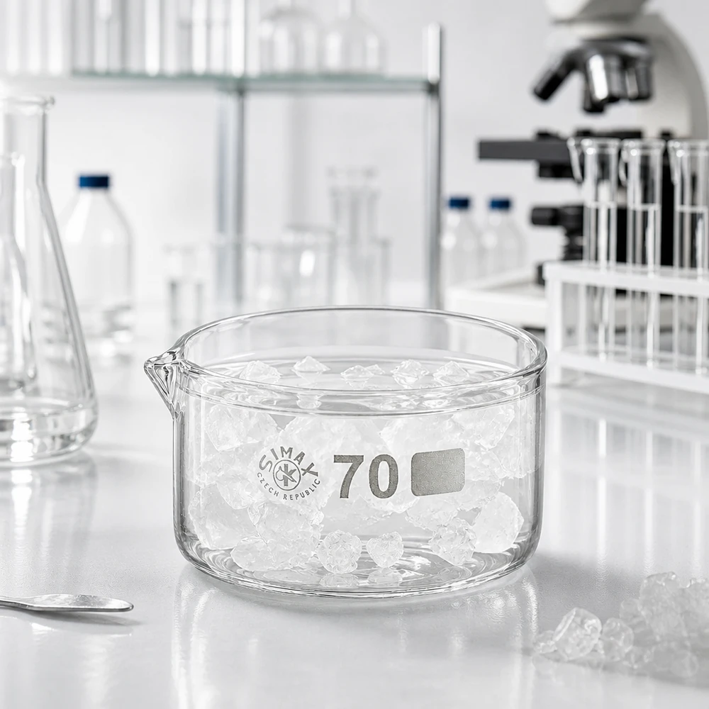 100ml krystalizační miska s výlevkou borosilikátová ø70mm Niedrige zylindrische Glasschale 70mm mit weißen Kristallen Labor Ausstattung im Hintergrund