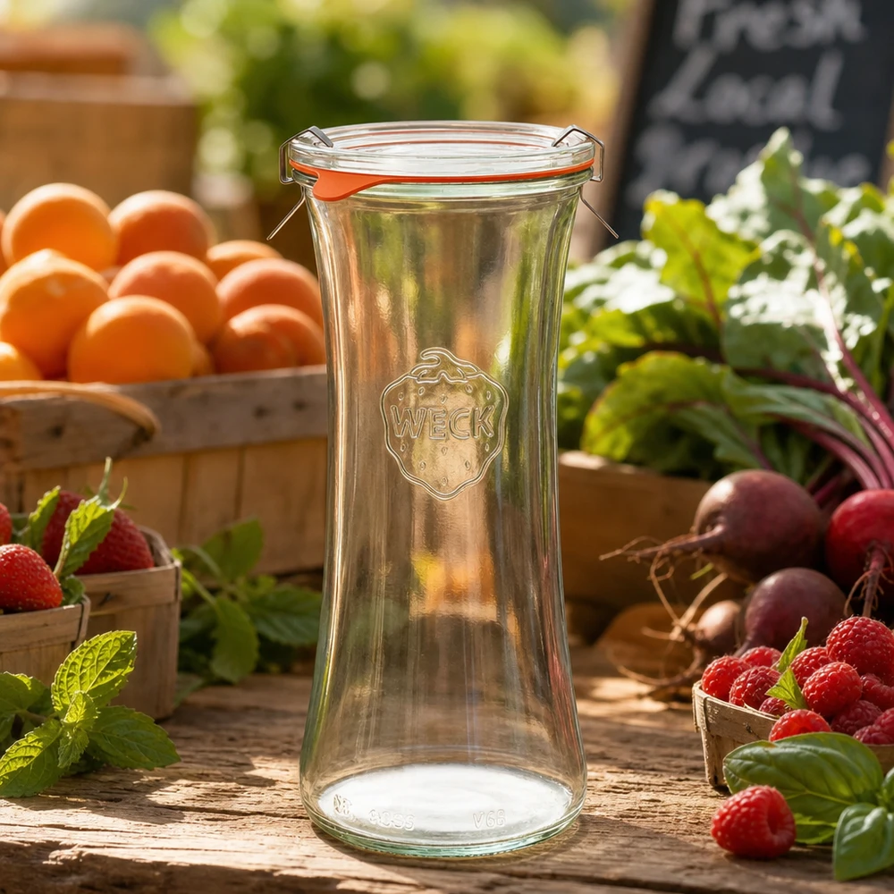 700ml lahůdková sklenice kompletní WECK RR80 WECK Delikatessenglas 700ml RR80 leer auf Holztisch mit frischen Beeren, Orangen und Gemüse in natürlicher Gartenszene
