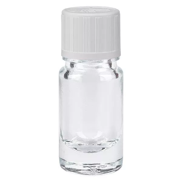 Lékárenská lahvička čirá 5ml se šroubovacím uzávěrem bílá standardní odolná proti dětem. Lékárenská lahvička čirá 5ml se šroubovacím uzávěrem bílá standardní odolná proti dětem.