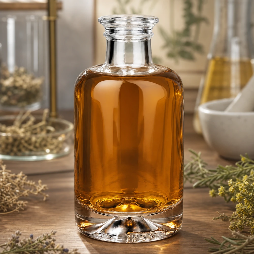 100ml Glasflasche "Sofia" ohne Verschluss UNiTWIST 100ml Glasflasche Sofia mit bernsteinfarbenem Öl in natürlicher Kräuter-Deko-Szene auf Holzuntergrund