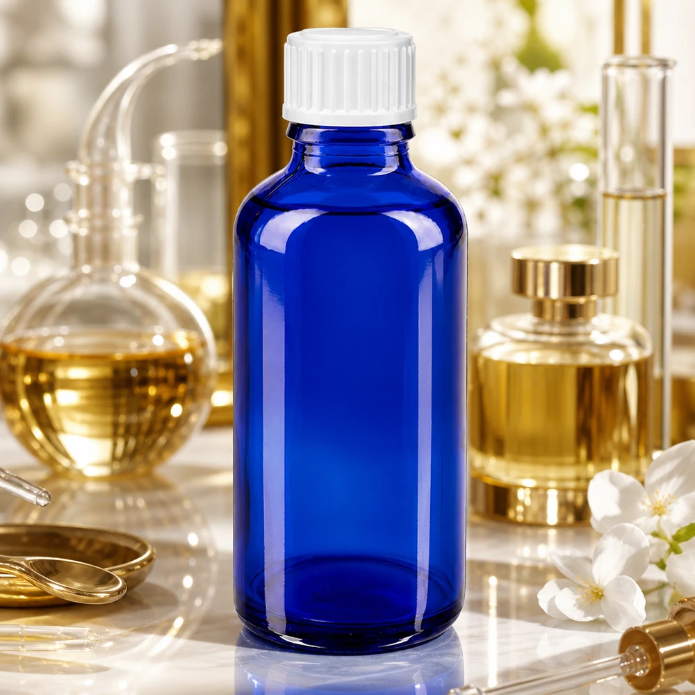 Lékárenská láhev modrá 50ml šroubovací uzávěr bílá standardní Blaue Medizinflasche 50ml Borosilikatglas weißer Verschluss auf Marmor mit Goldakzenten