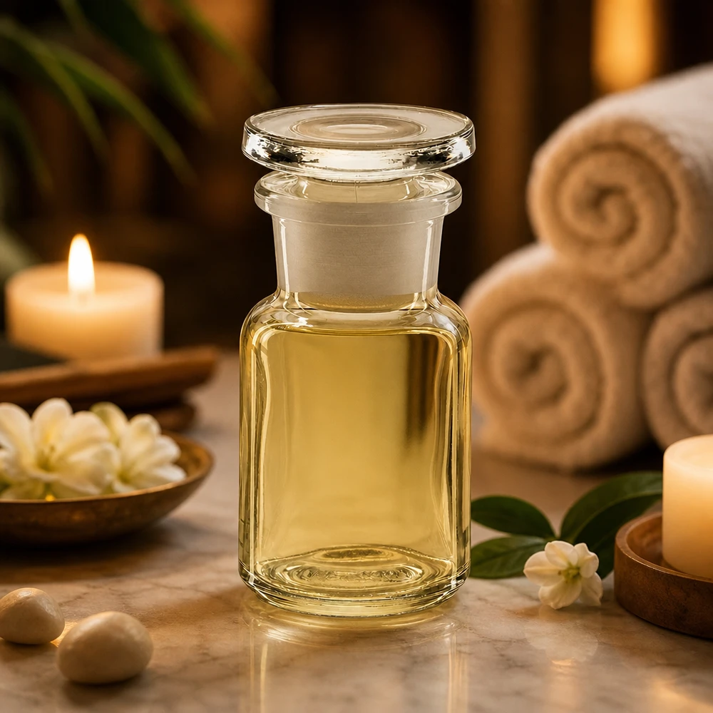 Láhev s kulatým ramenem 50ml čirá skleněná zátka se širokým hrdlem Glasflasche Rundschulter 50ml mit Ölfüllung zwischen Jasminblüten und Wellness-Accessoires