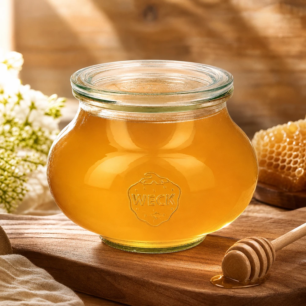 WECK Schmuckglas 560ml RR80 mit Honig befüllt neben Honiglöffel Bienenwaben und weißen Blüten auf Holzbrett