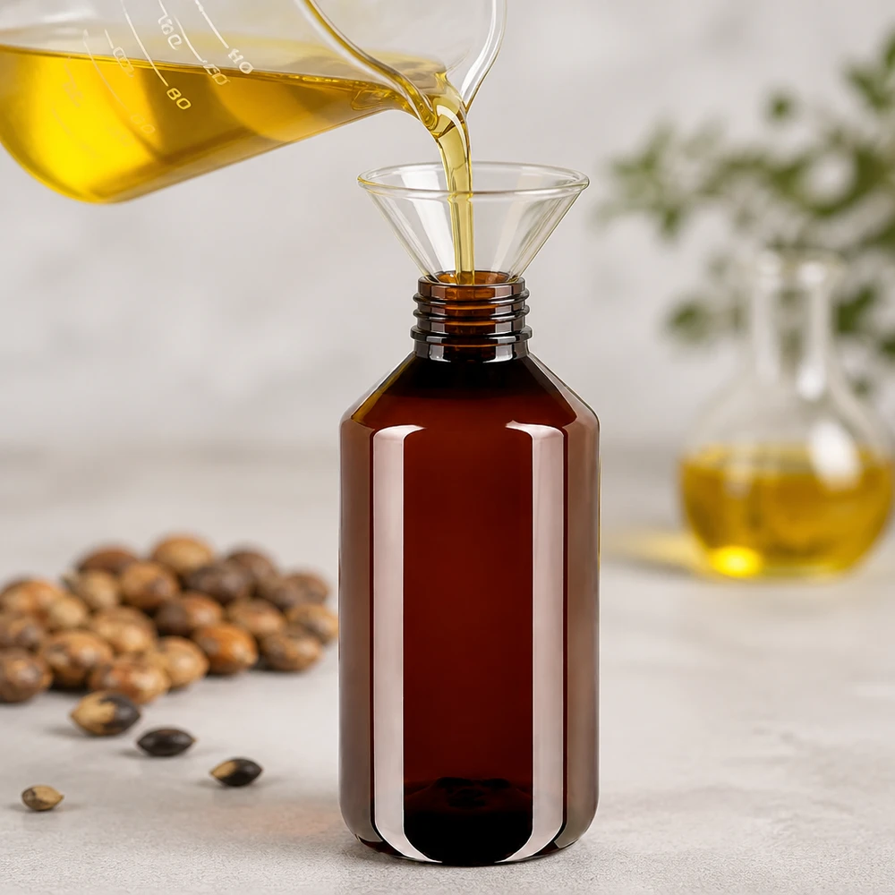 Jantarově zbarvená PET láhev o objemu 750 ml při plnění zlatým olejem pomocí skleněného trychtýře
