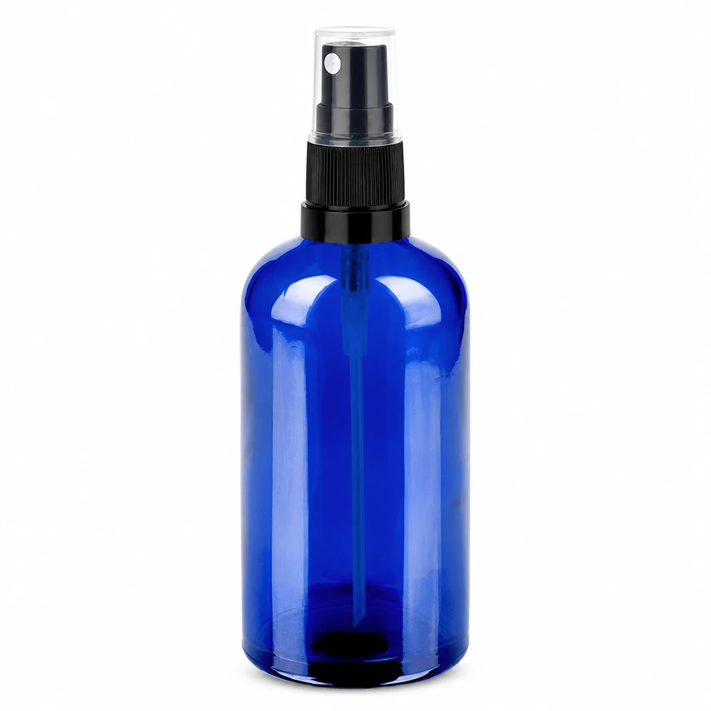 100ml lahvička s rozprašovačem černá černá/průhledný standardní uzávěr BlueLine UT18/100 Rundliche blaue Glasflasche 100ml mit ergonomischem schwarzen Sprühkopf für Flüssigkeiten