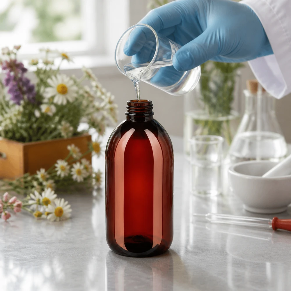 PET láhev 250ml se standardním bílým uzávěrem s pojistkou proti manipulaci Láhev s ochranou proti světlu o objemu 250 ml z PET s bílým uzávěrem typu OV pro tekuté přírodní extrakty
