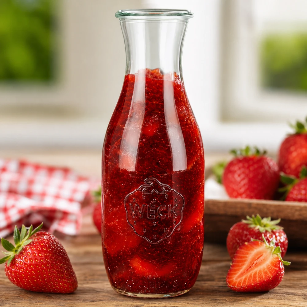 WECK Saftflasche 1062ml RR60 mit rotem Erdbeersaft gefüllt umgeben von frischen Erdbeeren auf Holzuntergrund