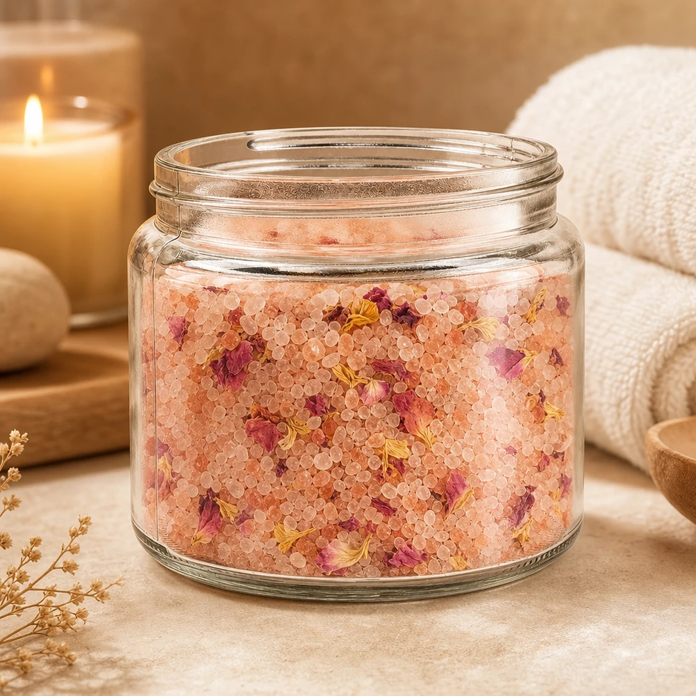 Dóza na mast (skleněná dóza) 250 ml čirá, bez víčka, závit 83 mm/R3 Glastiegel 250ml in natürlicher Spa-Umgebung mit Badesalz Blüten Kerzen und Handtuch dekoriert