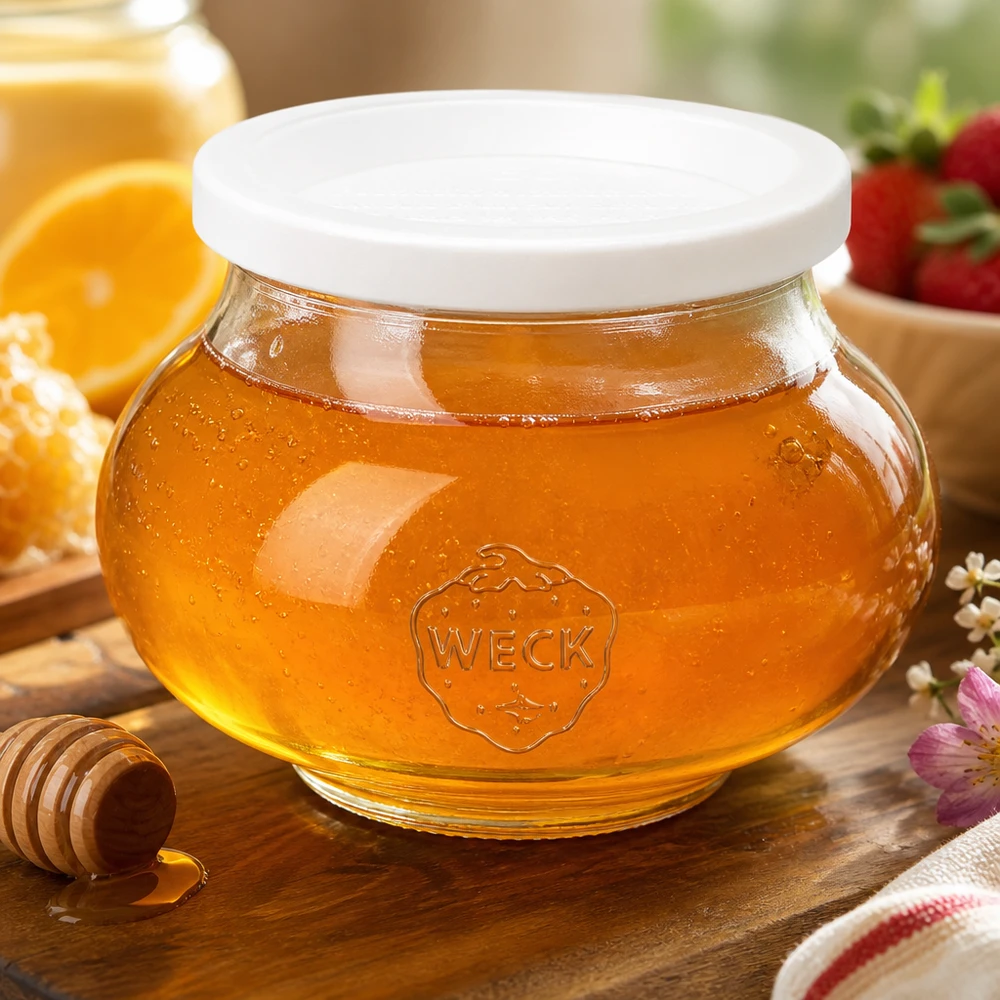 560ml dekorativní sklenice s víčkem pro zachování čerstvosti WECK RR80. WECK Honigglas 560ml RR80 mit Honig befüllt und Honiglöffel auf rustikalem Holzbrett mit Orangenscheiben
