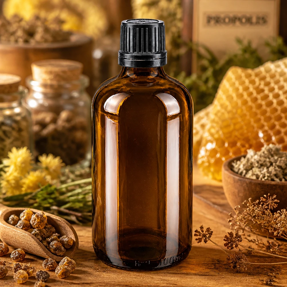 100ml braune Glasflasche mit gerilltem Schwarzdeckel umgeben von Waben Kräutern und Harz