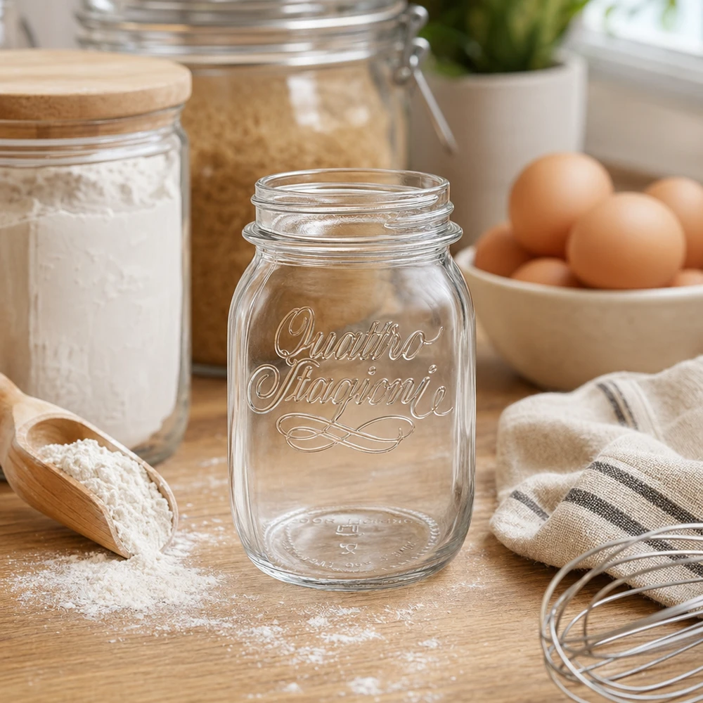 500ml kulatá sklenice "Quattro Stagioni" QS70mm 500ml Quattro Stagioni Haushaltsglas aus Glas auf Holztisch mit Küchenutensilien Eiern und Mehl im Hintergrund