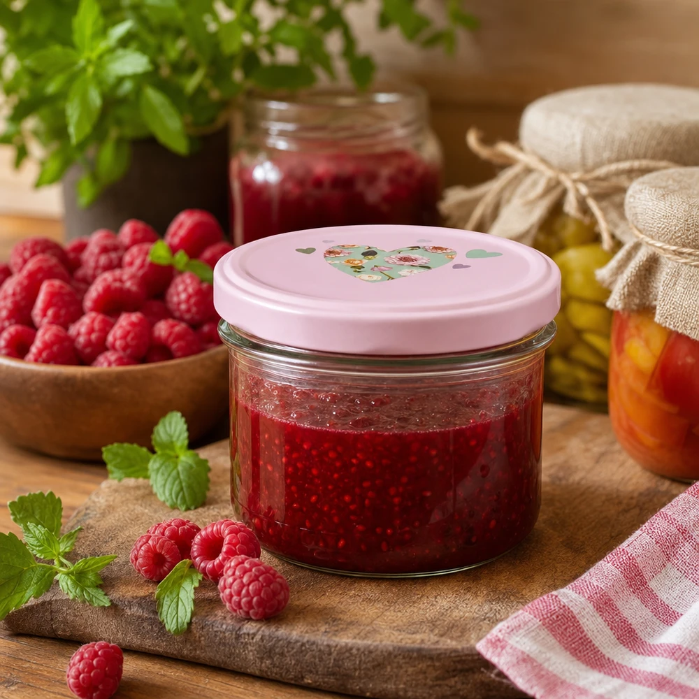 Hausgemachte Himbeermarmelade im 225ml Sturzglas mit rosa BasicSeal Herzdeckel umgeben von frischen Himbeeren