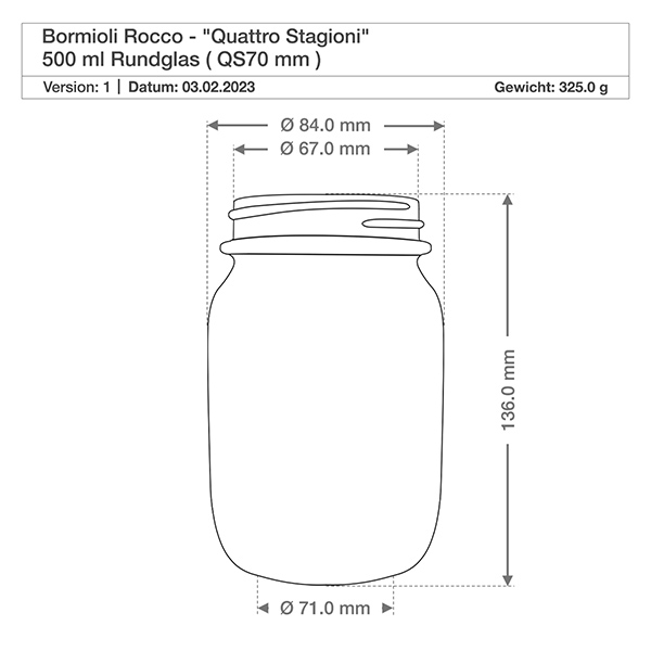 500ml kulatá sklenice "Quattro Stagioni" s víčkem Technische Zeichnung 500ml Quattro Stagioni Rundglas mit Maßangaben Durchmesser 84mm Höhe 136mm Bormioli Rocco
