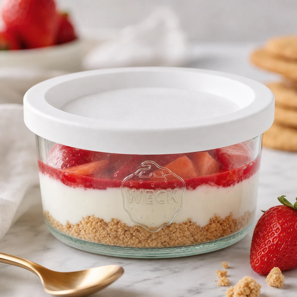 WECK 165ml Sturzglas RR80 als Dessertschale mit Erdbeeren und Keksboden neben goldenen Löffel auf Marmor