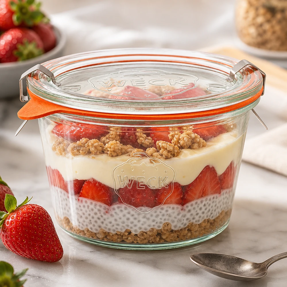 Kompletní 370ml sklenice se svěžestí WECK RR100 WECK Sturzglas 370ml RR100 mit Schichtdessert aus Chia-Pudding und Erdbeeren zeigt vielseitige Nutzung als Portionsglas