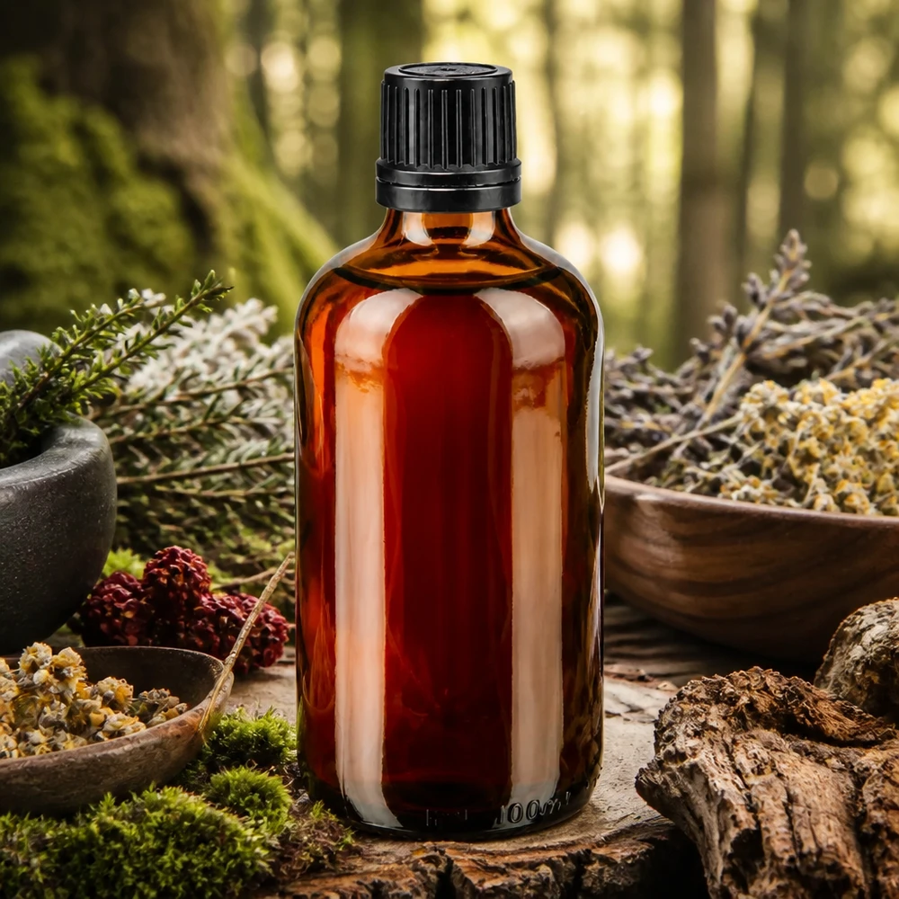 Lékárenská láhev hnědá 100ml kapací uzávěr prémiový 1mm černý tamper-evidentní uzávěr. 100ml Tropfflasche aus bernsteinfarbenem Apothekerglas mit OV zwischen Waldmoos und Tannenzapfen