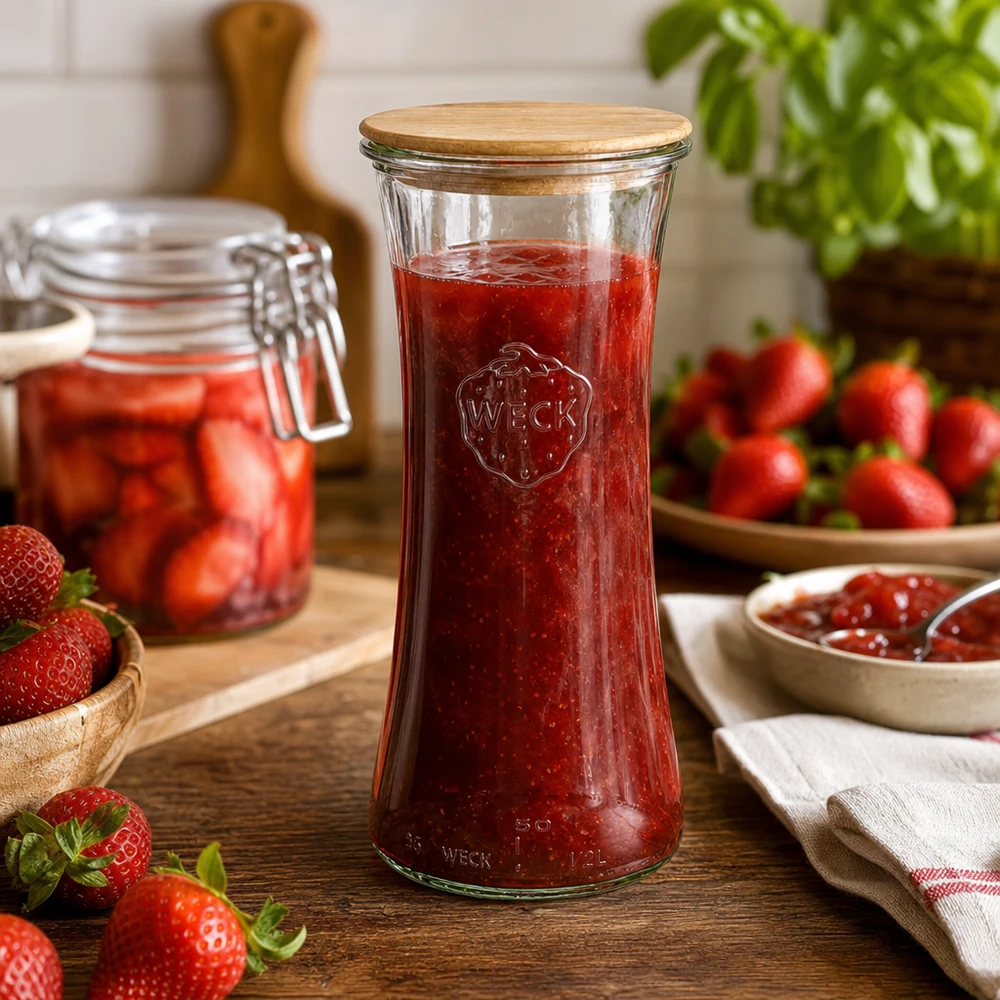 700ml lahůdková zavařovací sklenice WECK RR80 s dřevěným víčkem. WECK Glasdose 700ml mit Bambus Deckel gefüllt mit Erdbeermarmelade Küchenszene Einkochen Vorratshaltung