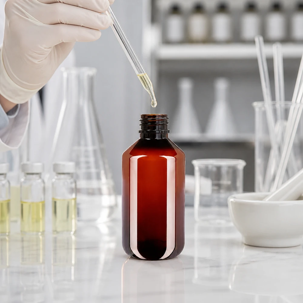 Hnědé laboratorní lahvičky z PET o objemu 100 ml s bílým šroubovacím uzávěrem pro profesionální plnění v laboratoři