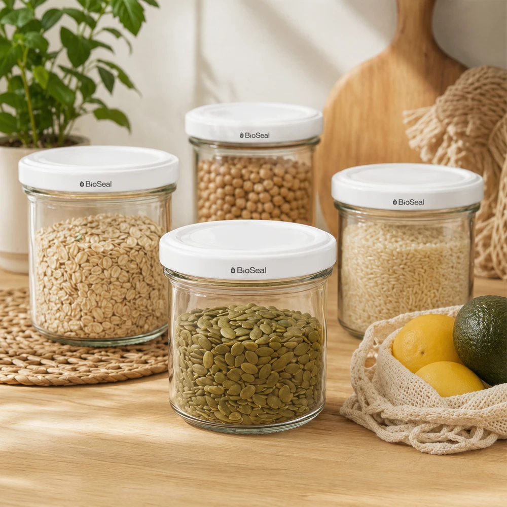 Tumbler o objemu 125 ml s bílým víčkem BioSeal UNiTWIST UNiTWIST Sturzgläser 125ml Vorratsdosen Set Hülsenfrüchte Nüsse Getreide Aufbewahrung TO66 BioSeal Deckel Küche