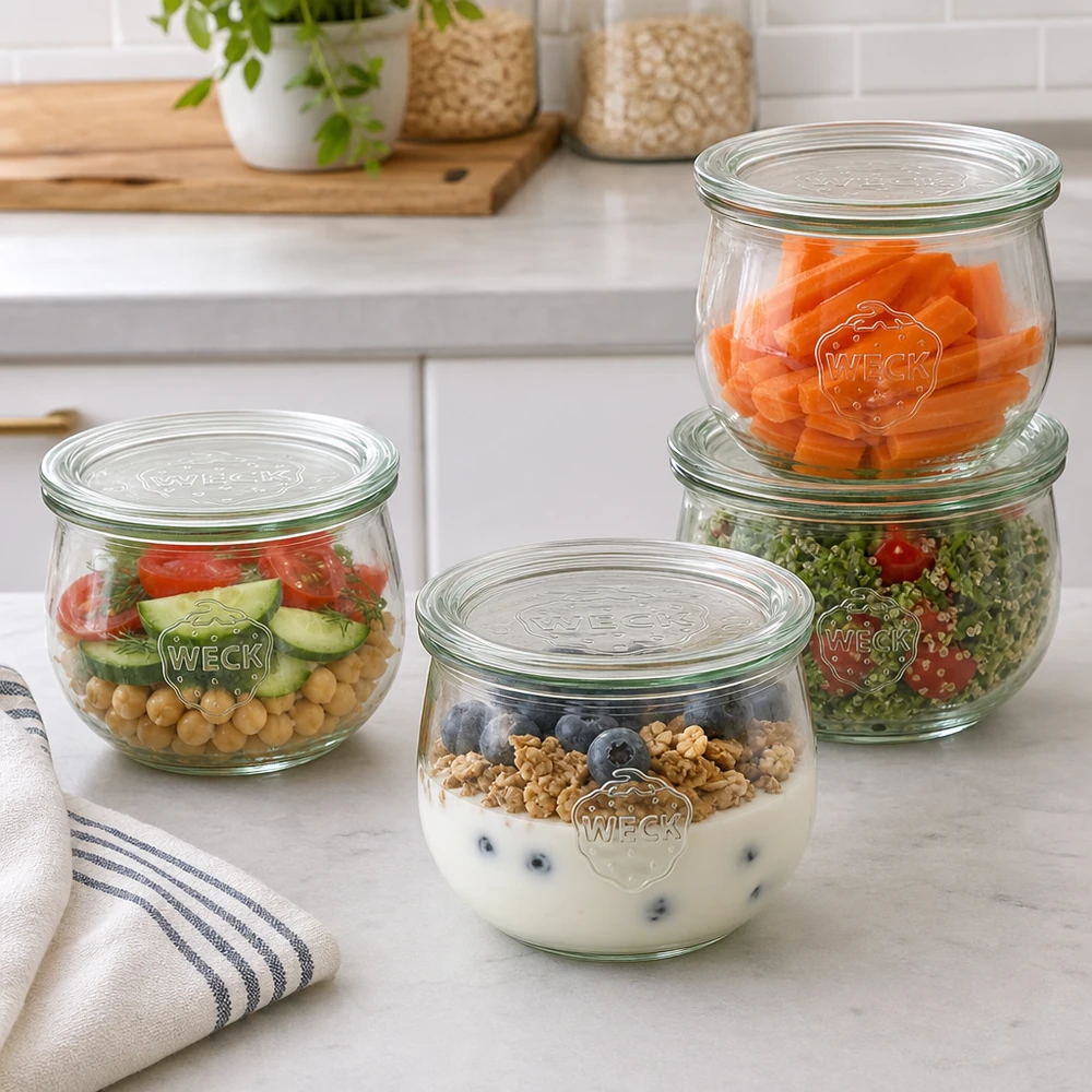 580ml tulipánová sklenice se skleněným víčkem WECK RR100 WECK Tulpengläser 580ml RR100 als praktische Meal Prep Behälter mit Salat Joghurt und Gemüse in moderner Küche