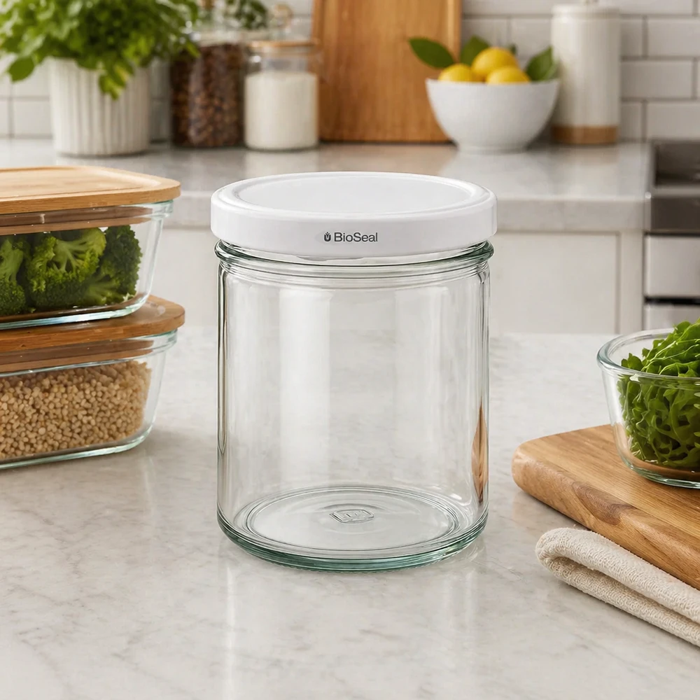 UNiTWIST Vorratsglas 167ml leer auf Küchenarbeitsplatte mit weißem TO66 BioSeal Deckel Glascontainer Aufbewahrung