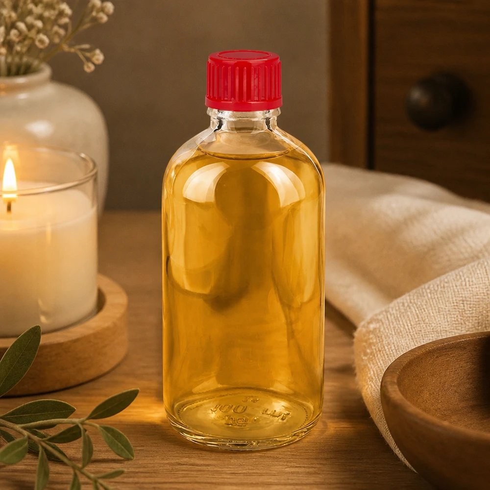 100ml láhev 11mm šroubovací uzávěr červená Standard ClearLine UT18/100 Schmale 100ml Klarglasflasche mit rotem 11mm Schraubverschluss ClearLine UT18 Aromatherapie
