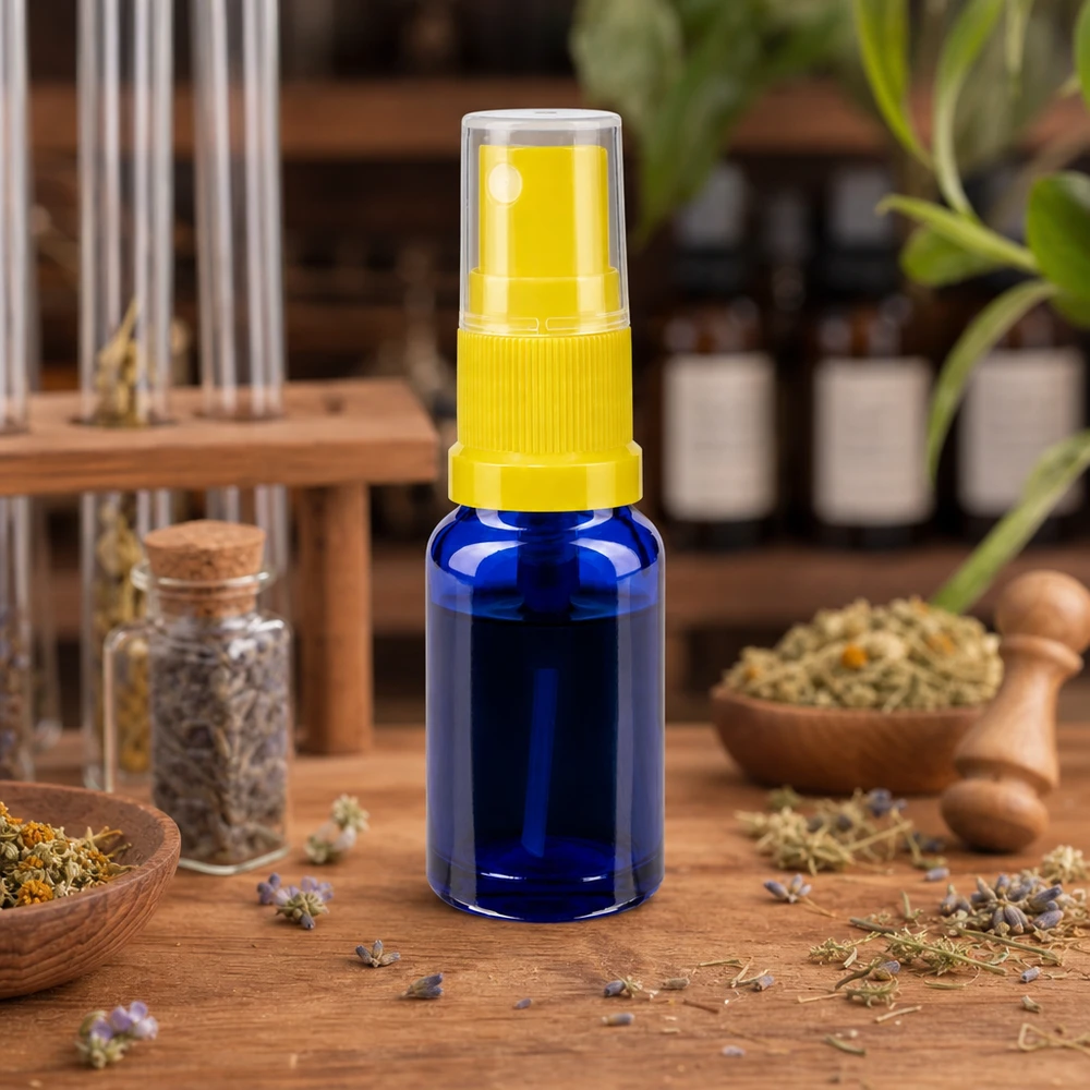 Lékárenská lahvička modrá 30ml s rozprašovacím uzávěrem žlutá Schlanke blaue 30ml Sprühflasche aus UV-Schutzglas mit gelbem Dosierkopf für Aromatherapie