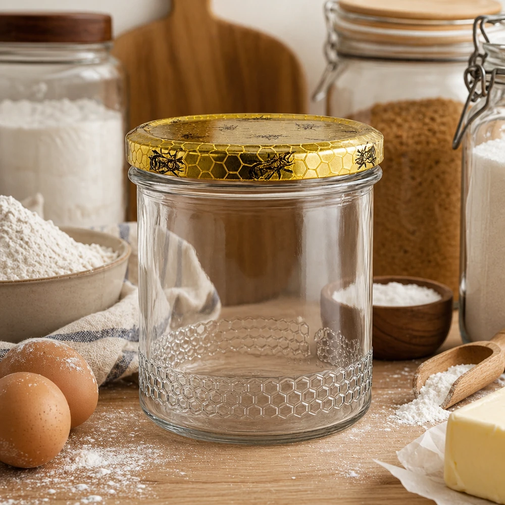 560g Honigglas + BasicSeal Deckel Bienenwabe UNiTWIST Leeres 400ml Honigglas mit goldenem Waben-Deckel in rustikaler Küche, Backzutaten und Eier für Imkerei