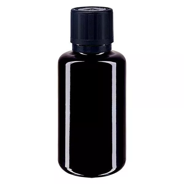 Lékárenská lahvička fialová 30ml kapátko uzávěr nálevový kroužek 1mm černý dětská pojistka symbol tamper evident uzávěr. Lékárenská lahvička fialová 30ml kapátko uzávěr nálevový kroužek 1mm černý dětská pojistka symbol tamper evident uzávěr.