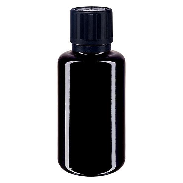 Lékárenská lahvička fialová 30ml kapátko uzávěr nálevový kroužek 1mm černý dětská pojistka symbol tamper evident uzávěr.