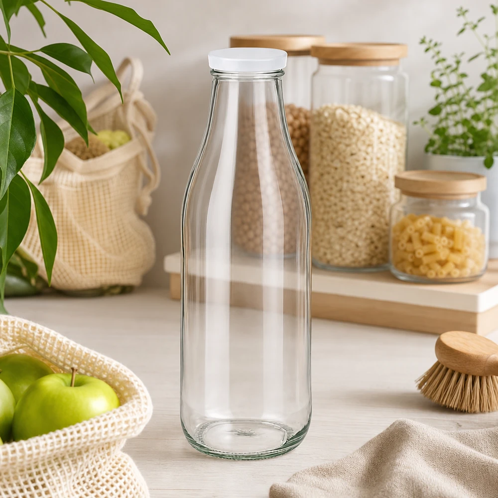 1000ml Glasflasche leer mit weißem BasicSeal Deckel nachhaltige Küche Zero Waste Lifestyle Vorratsaufbewahrung