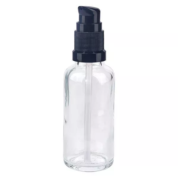 Lékárenská lahvička čirá 30ml s pumpičkovým uzávěrem černá standardní Lékárenská lahvička čirá 30ml s pumpičkovým uzávěrem černá standardní