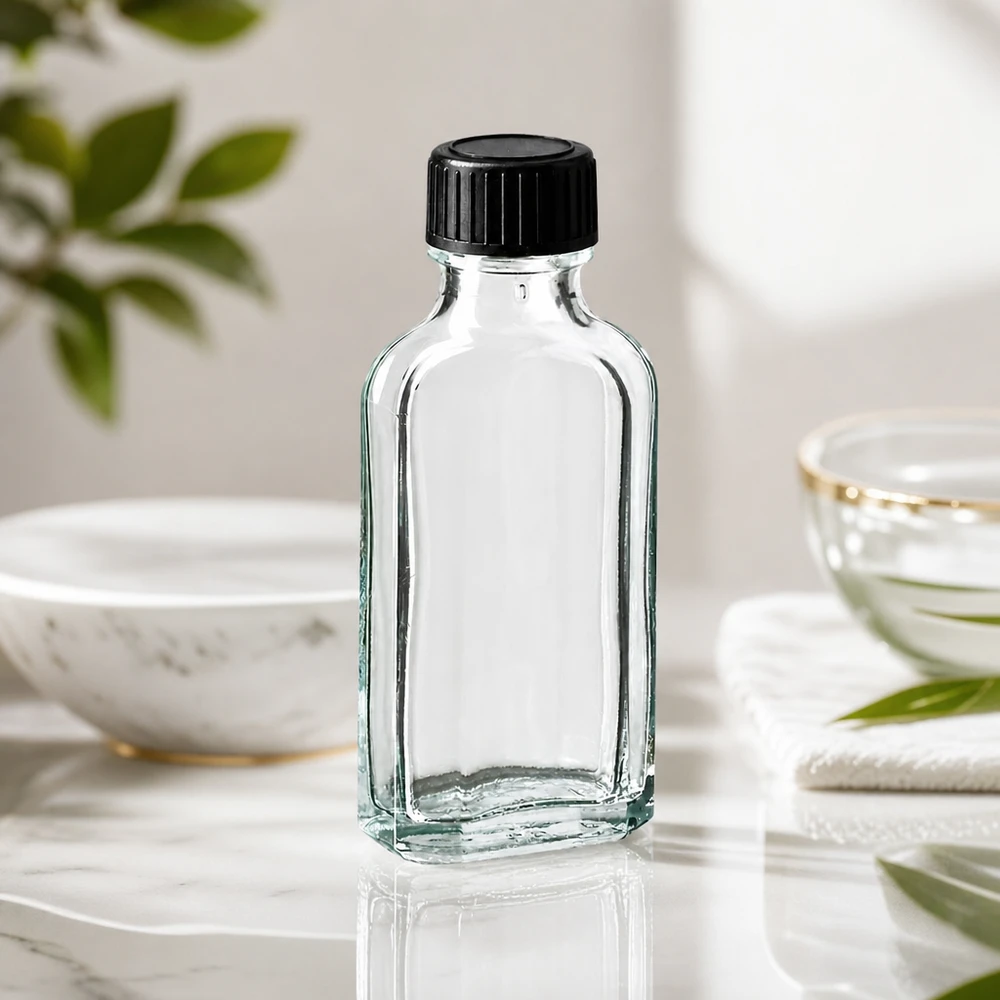Kleine 50 ml Meplat Flasche aus klarem Glas mit schwarzem Verschluss für Kosmetikprodukte