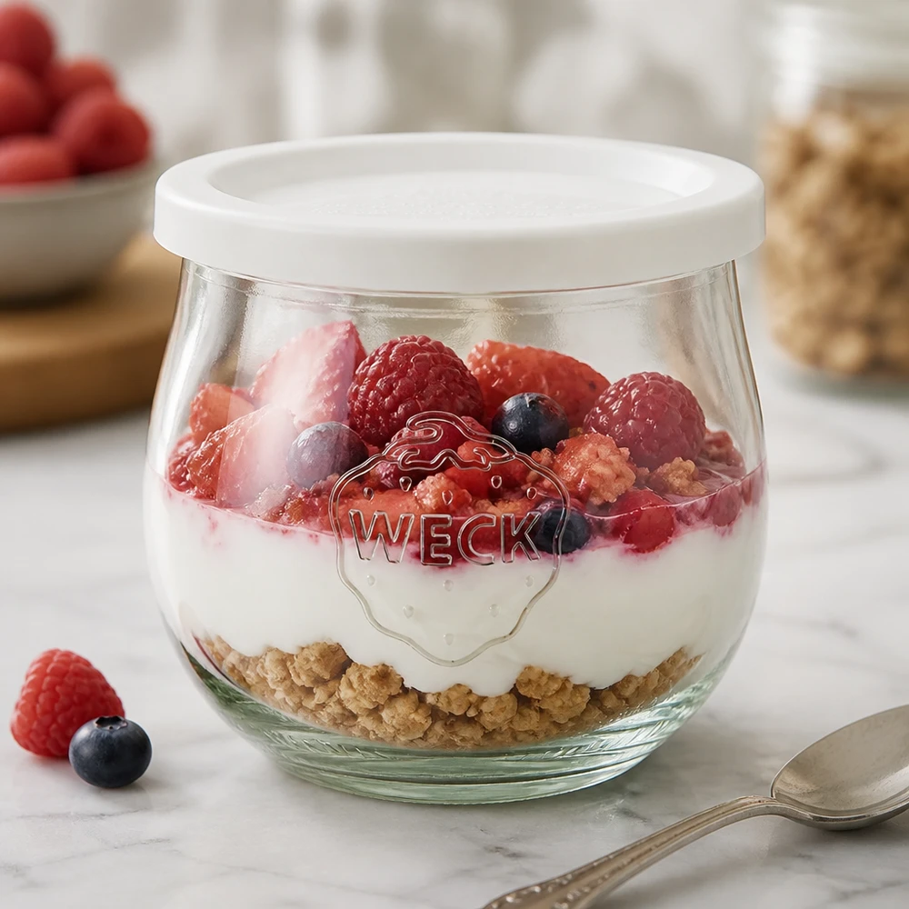 370ml tulipánová sklenice se skleněným víčkem na svěžest WECK RR80 WECK Tulpenglas 370ml als Dessertschale mit Joghurt und Beeren gefüllt, weißer Frischedeckel RR80 sichtbar