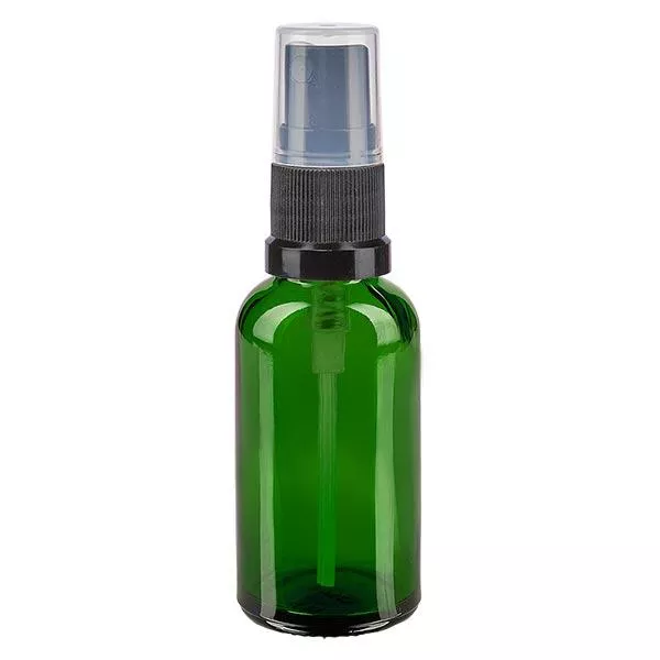 Lékárenská lahvička zelená 30ml s rozprašovacím uzávěrem černá Lékárenská lahvička zelená 30ml s rozprašovacím uzávěrem černá